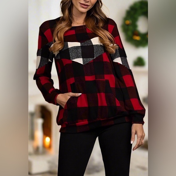 S/M/L NEW Womens Red Plaid Christmas Sweater, Long Sleeve Shirt - Picture 4 of 6